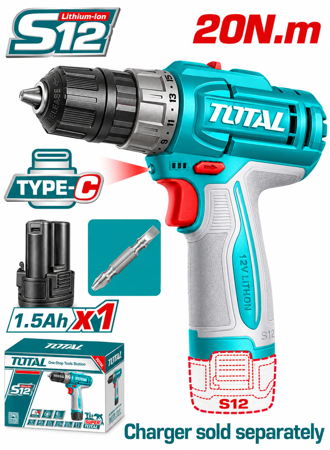 TOTAL 12V Cordless Drill – 20Nm
