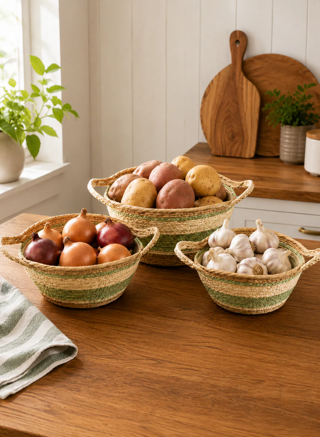 Bamboo Basket Set 3 Pieces – Natural & Green Woven Storage Baskets with Handles