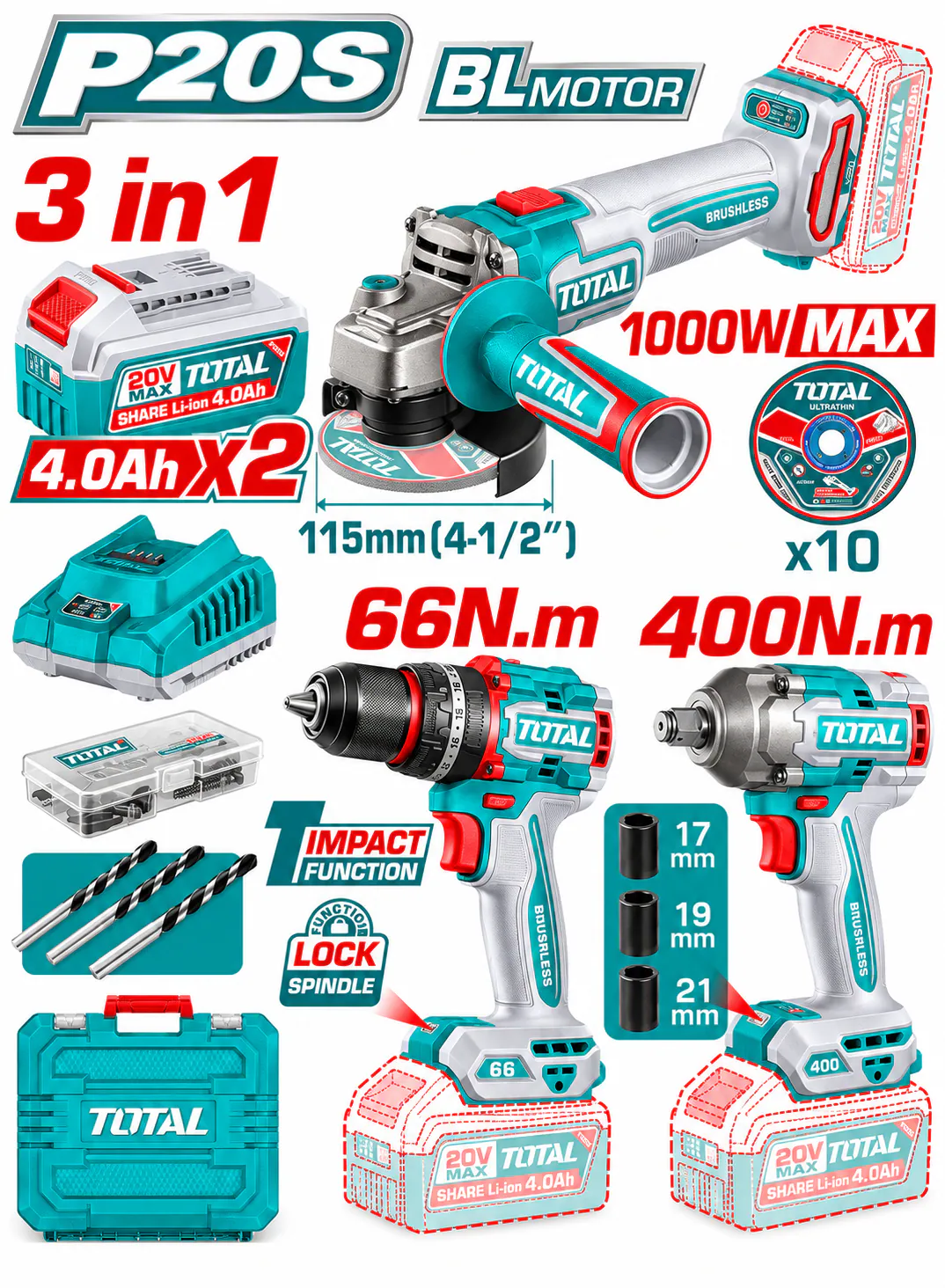  TOTAL 20V Cordless 3-Piece Brushless Combo Kit – Angle Grinder, Impact Drill & Impact Wrench