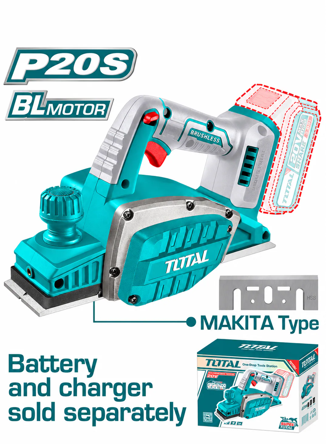 TOTAL 20V Cordless Brushless Electric Planer – Makita-Type HSS Blade – P20S (Tool Only)