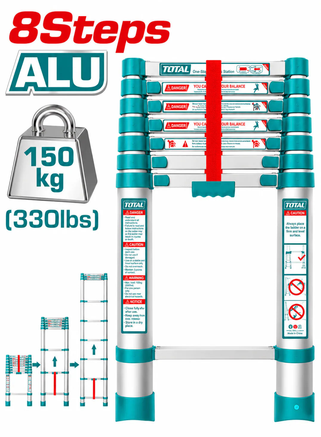 TOTAL 8-Step Aluminum Telescopic Ladder – 150kg (330lbs) Load Capacity – Extendable Single Ladder – Heavy-Duty Foldable & Portable Ladder