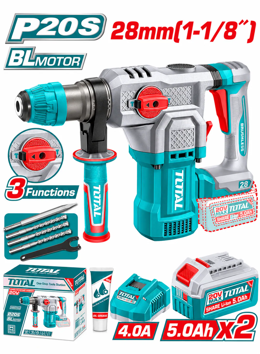  TOTAL 20V Brushless Cordless Rotary Hammer – 28mm SDS Plus with 2 Batteries 