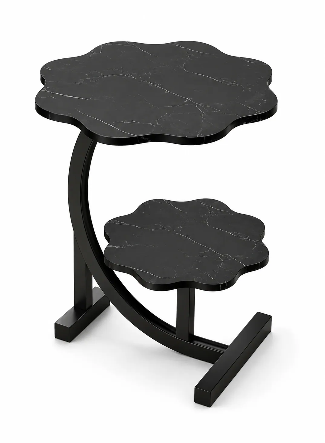 2-Tier C-Shaped Side Table with Marble-Look Shelves – 62 × 40 × 30 cm 2