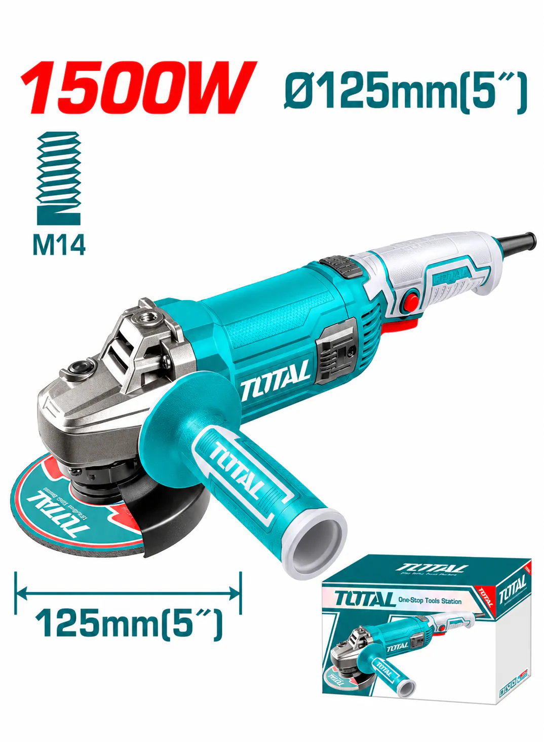 TOTAL 1500W Angle Grinder – 5" (125mm) Disc – M14 Spindle Thread – Heavy-Duty Electric Grinder – Industrial
