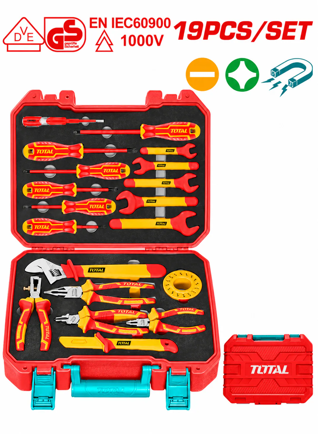TOTAL 19PCS VDE Insulated Electrician Tool Set – 1000V – EN IEC 60900 Certified – Insulated Screwdrivers, Pliers & Wrenches – Carrying Case