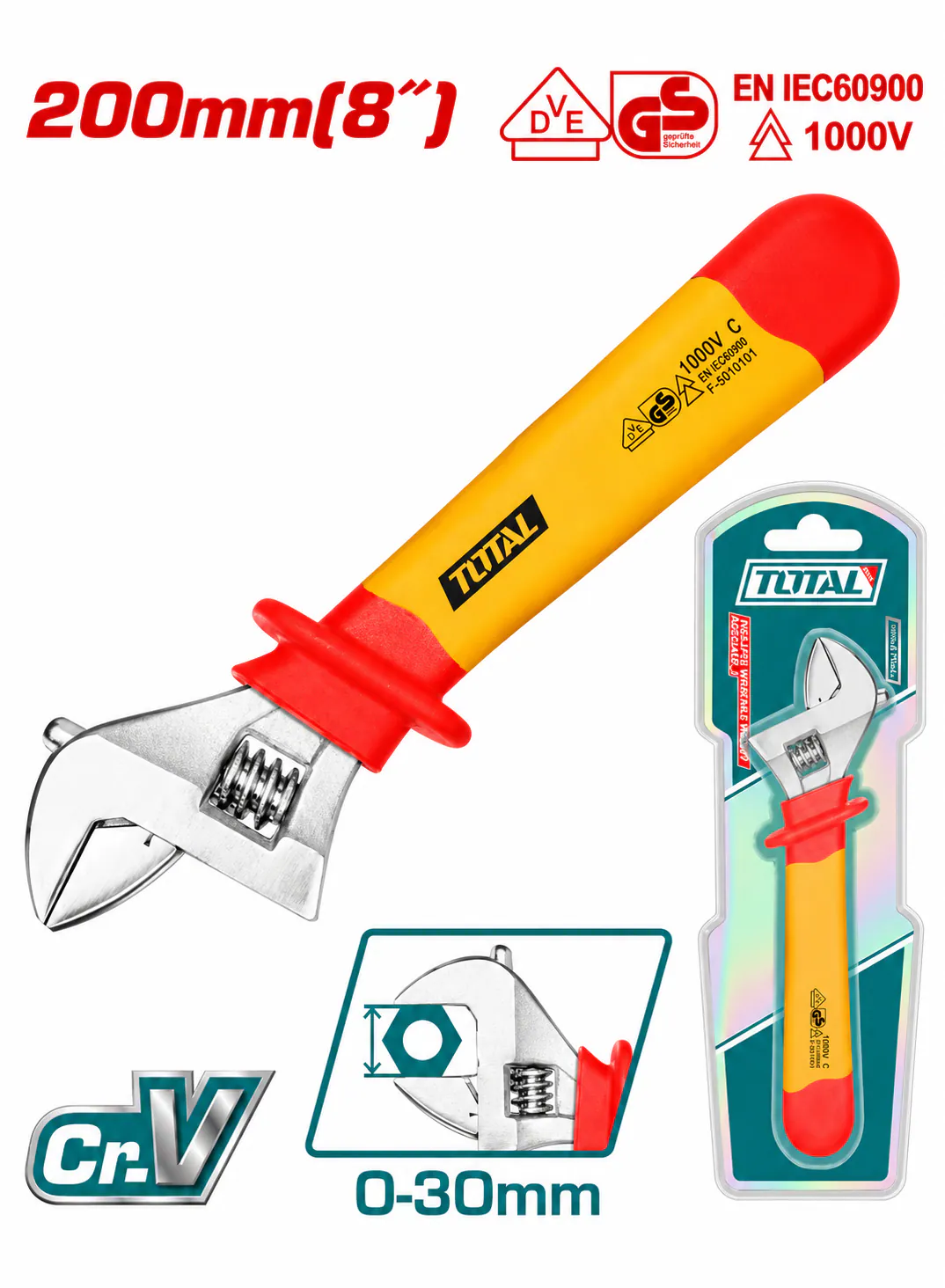 TOTAL 8" Insulated Adjustable Wrench – 1000V