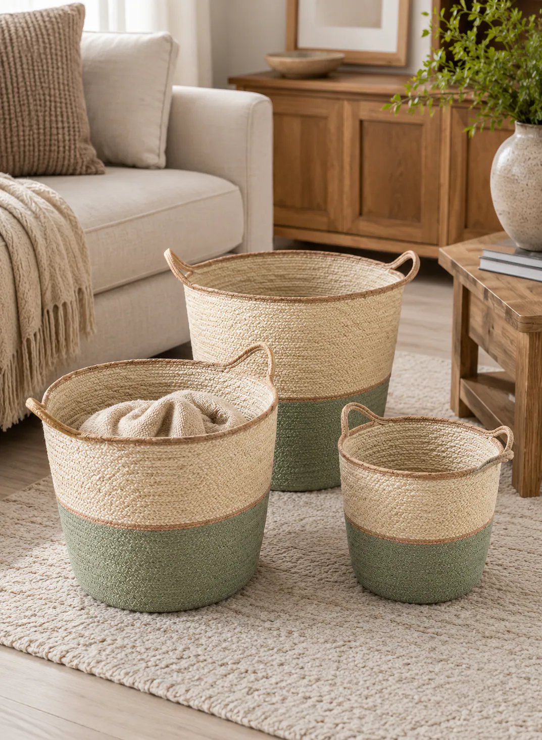 Bamboo Basket Set 3 Pieces – Natural & Green Woven Storage Baskets with Handles