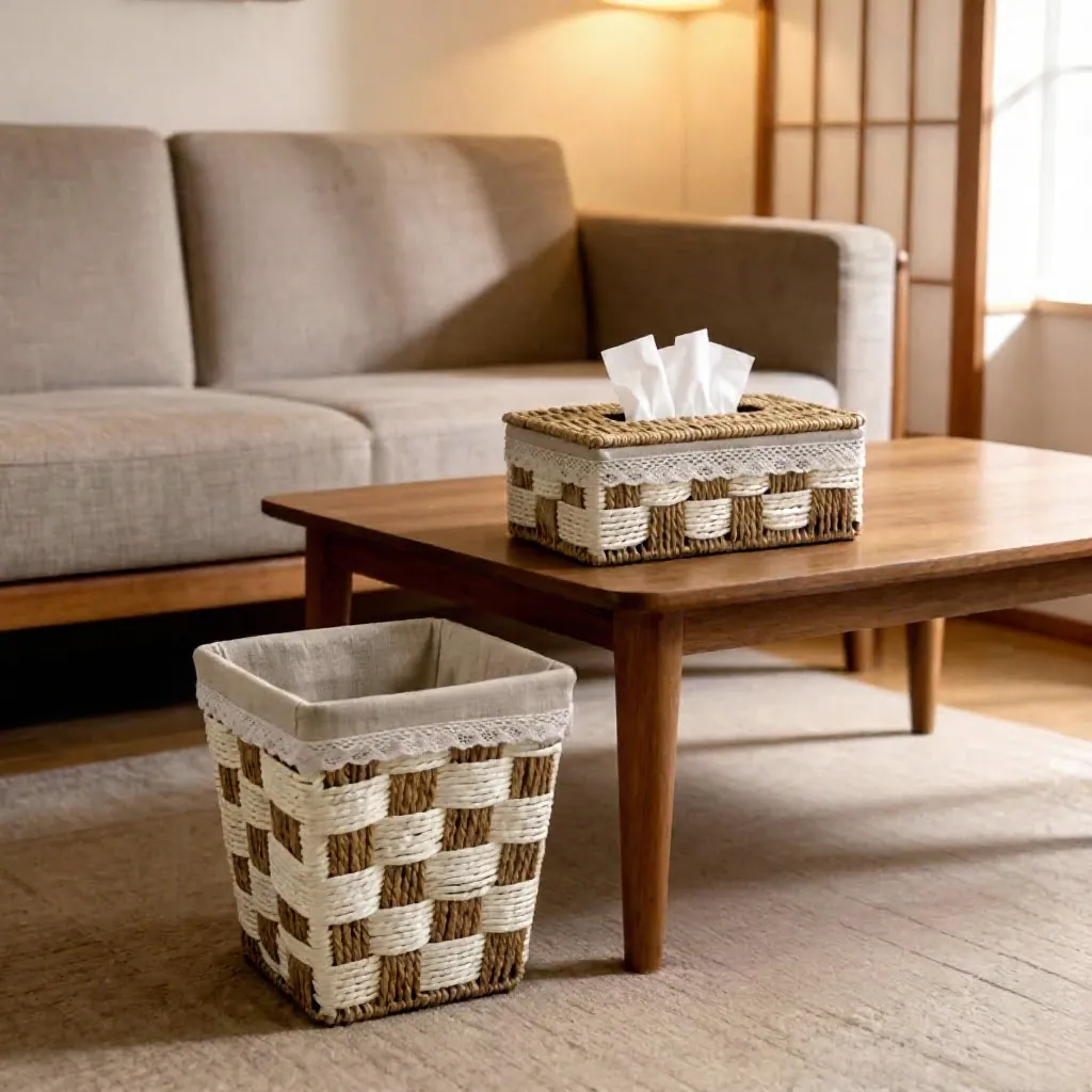 Elegant Handwoven Tissue Box Cover & Storage Basket Set – Natural Wicker with Fabric Lining