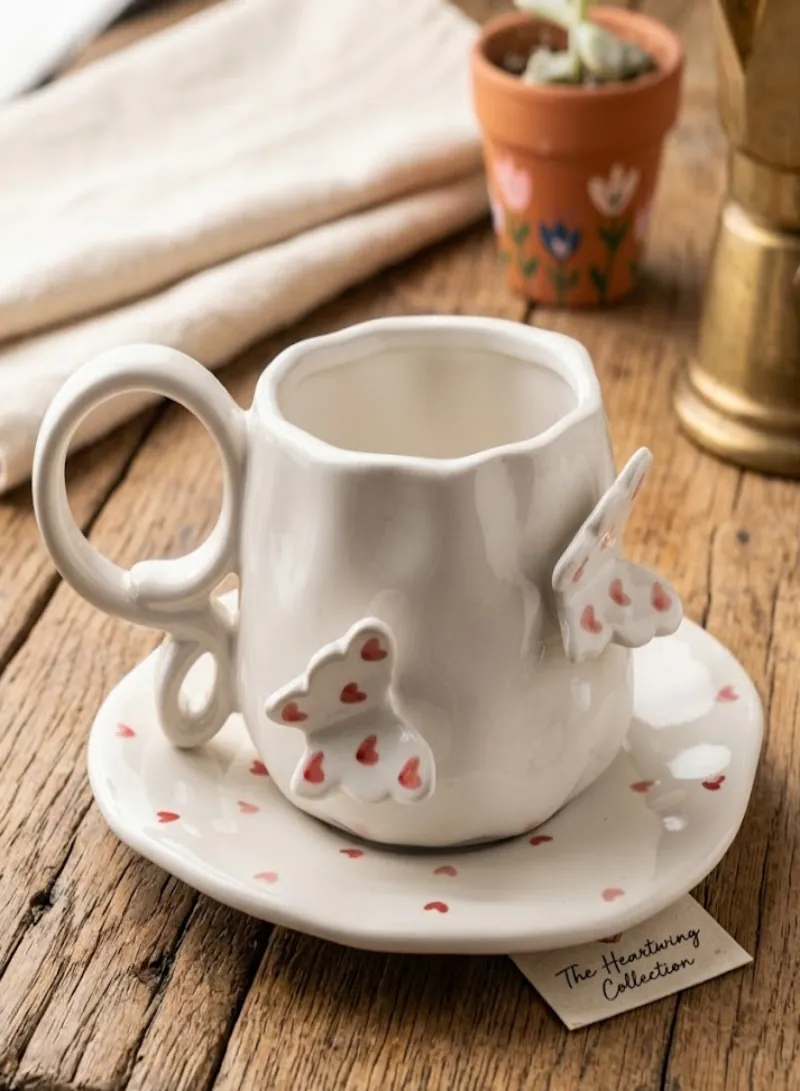 240ml Butterfly Ceramic Cup with Matching Saucer – Elegant Aesthetic Coffee & Tea Cup Set – Stylish Gift for Home & Office Use