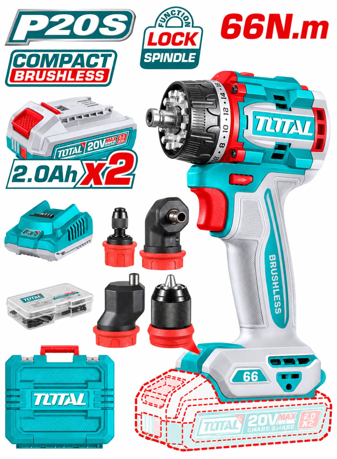 TOTAL 20V Compact Brushless Multi-Head Cordless Drill – 66Nm with 2 Batteries
