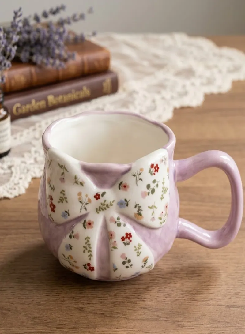 Elegant Floral Bow Ceramic Mug with Handle – Cute Coffee & Tea Cup for Home & Office 4