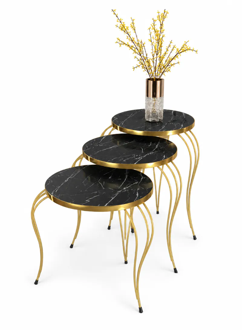 3-Piece Nesting Table Set – Black Marble-Effect Top with Gold Metal Legs