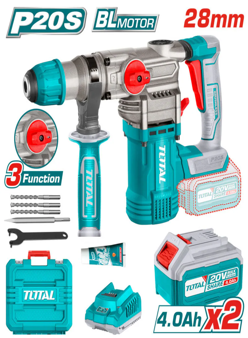 Total 20V Brushless SDS Plus Cordless Rotary Hammer with 2×4.0Ah (Batteries) - 2