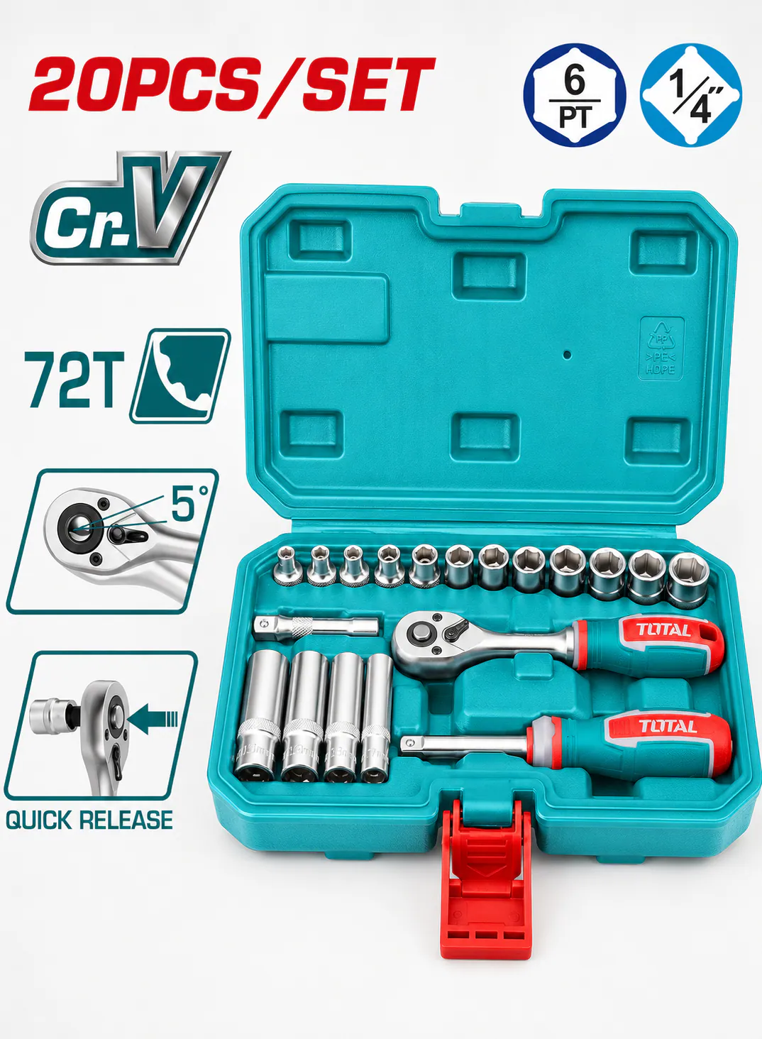 TOTAL 20-Piece 1/4" Socket Set with 45T Ratchet, Deep Sockets & BMC Case | CR-V