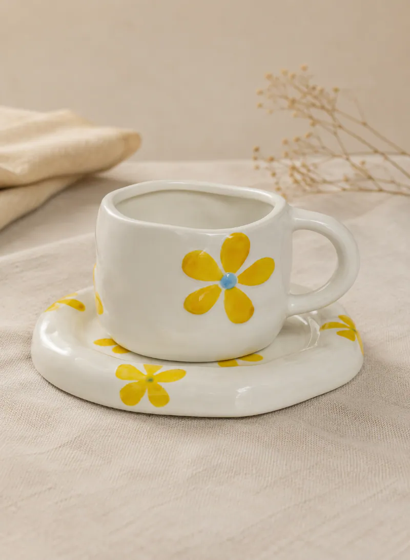 Floral Handmade Ceramic Mug with Matching Saucer – Aesthetic Coffee & Tea Cup Set
