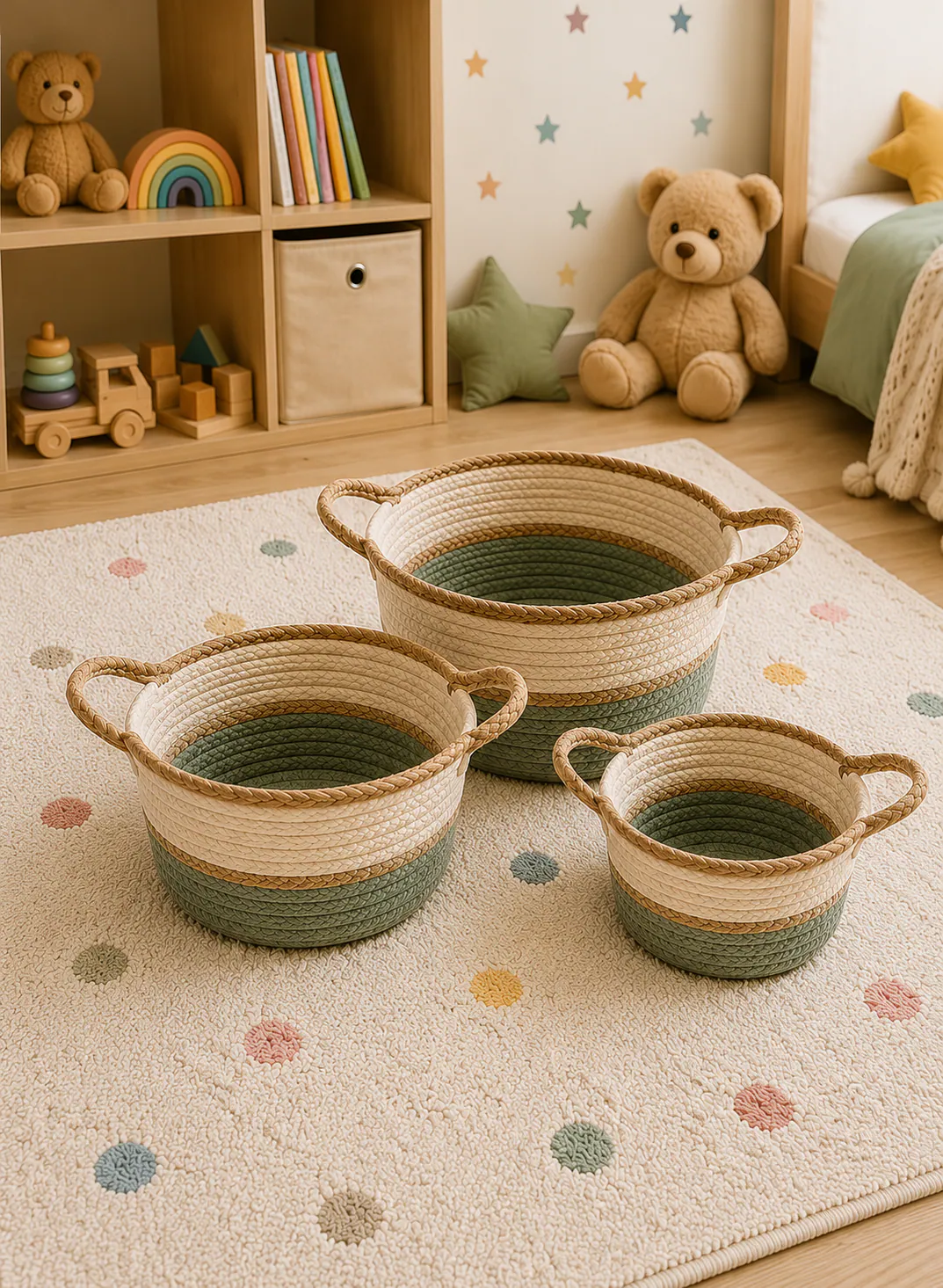 Bamboo Basket Set 3 Pieces – Natural & Grey Woven Storage Baskets with Handles