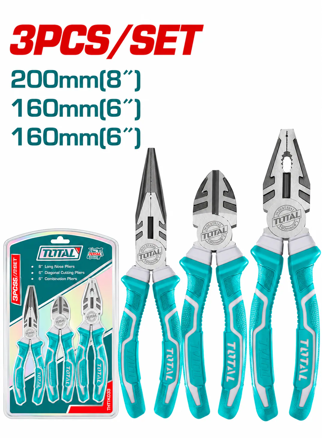 TOTAL Industrial 3-Piece Pliers Set – 6" & 8"