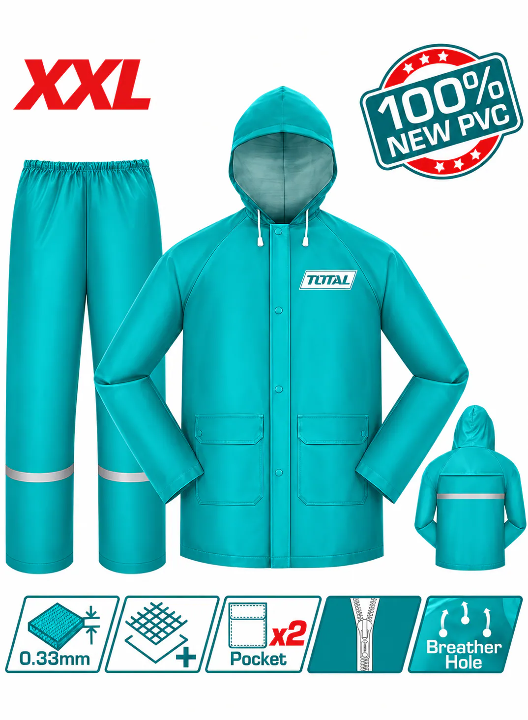TOTAL XXL Waterproof Rain Suit – 100% PVC – 0.33mm Thickness – 2-Piece Rain Jacket & Pants Set – Hooded Raincoat with Reflective Strips – Heavy-Duty Protective Rainwear