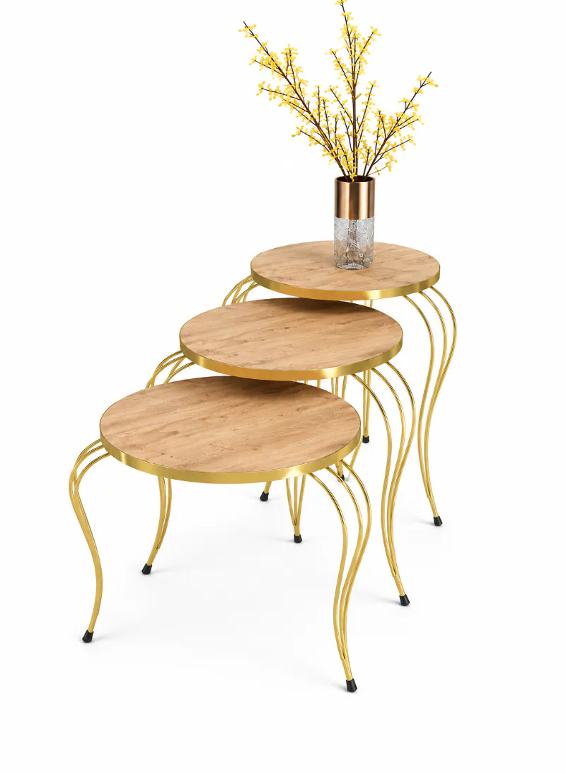 3-Piece Nesting Table Set – Wood Color Top with Gold Metal Legs
