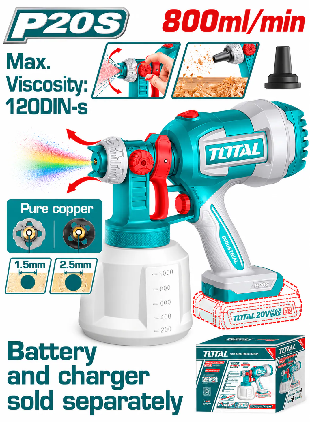TOTAL 20V Cordless Paint Spray Gun – 800ml/min (Tool Only)