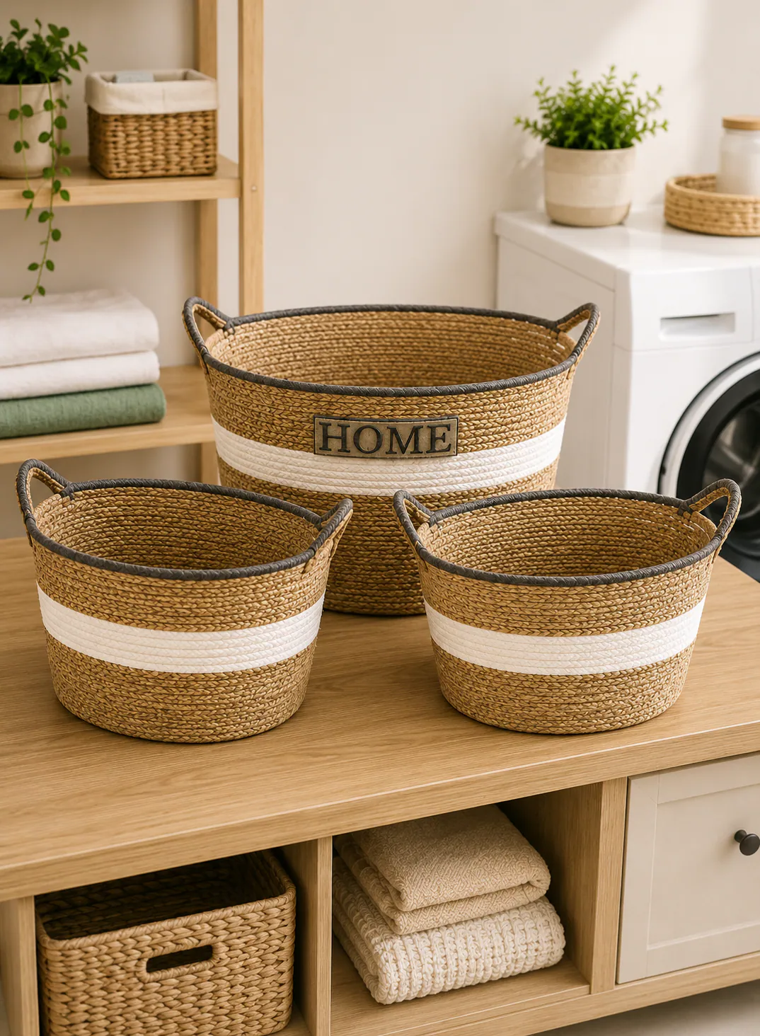 Seagrass Basket Set 3 Pieces – Natural & White Woven Storage Baskets with Handles