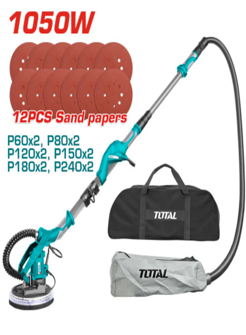 TOTAL 1050W Industrial Wall Sander – 225mm Drywall Sander with LED Light & Accessories