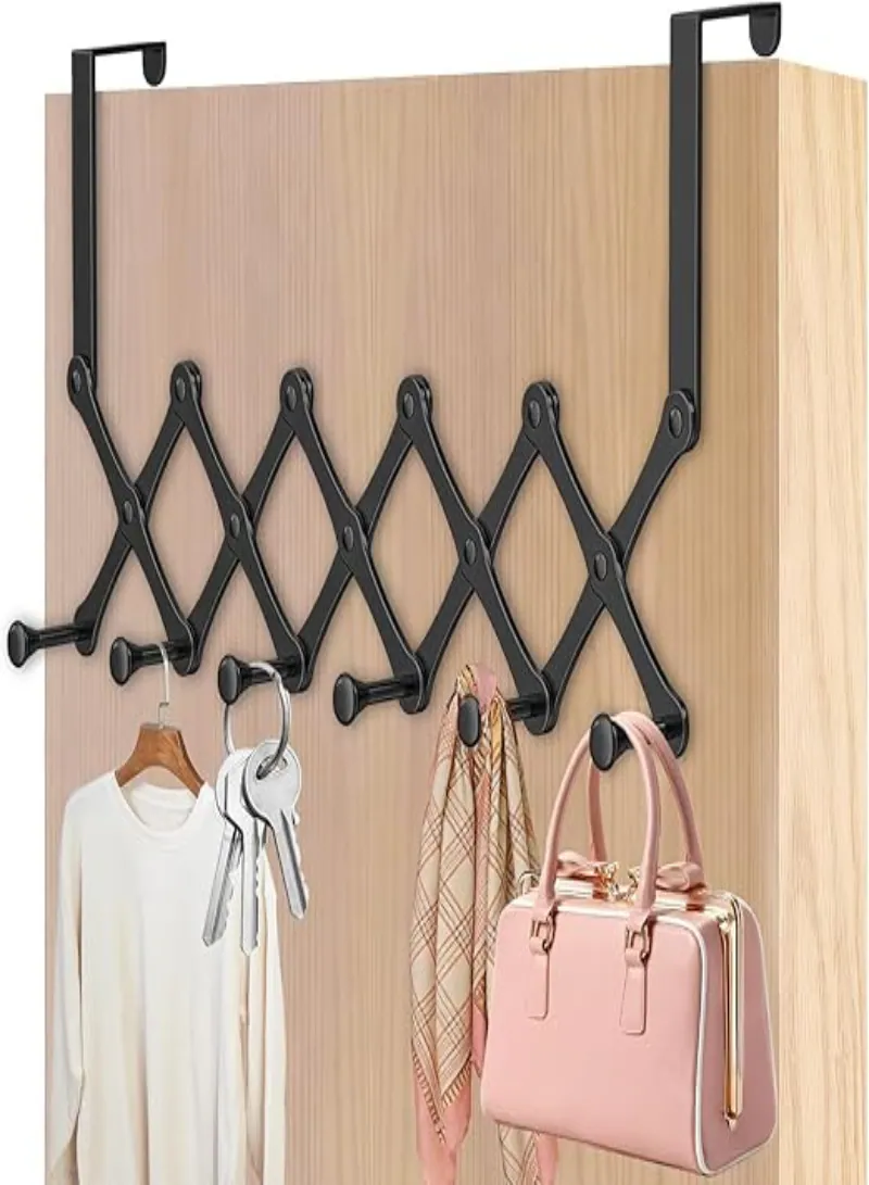 Retractable Over-the-Door Hooks Rack, Heavy Duty Carbon Steel Coat and Towel Hanger, Black 6 Hooks
