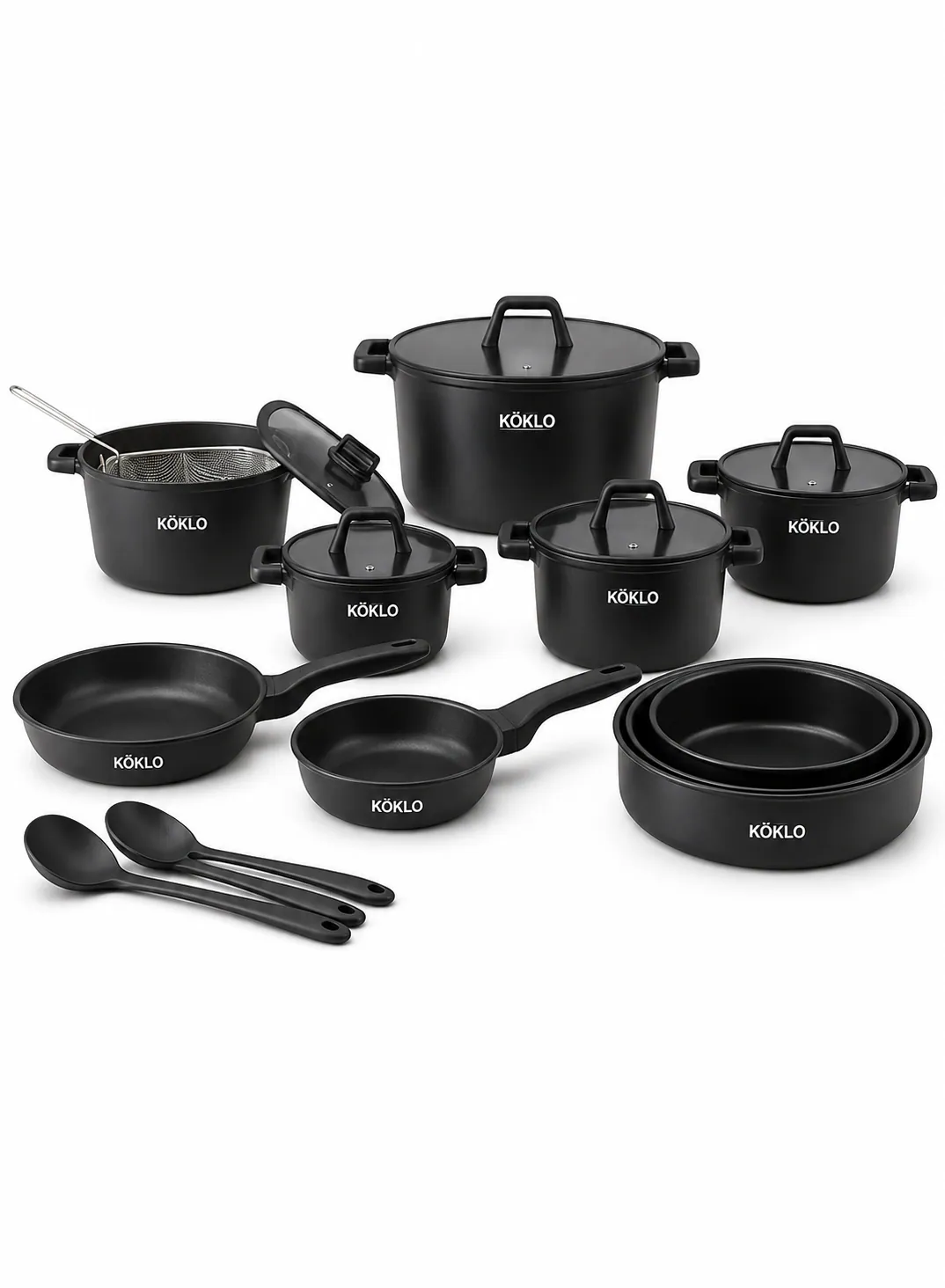 Köklo 29-Piece Premium Non-Stick Cookware Set with Casseroles, Frying Pans & Silicone Accessories
