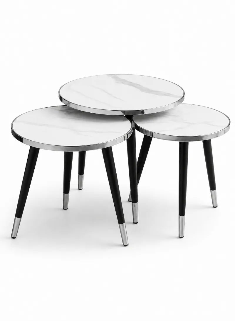 3-Piece Nesting Table Set – White Marble-Effect Top with Silver & Black Metal Legs