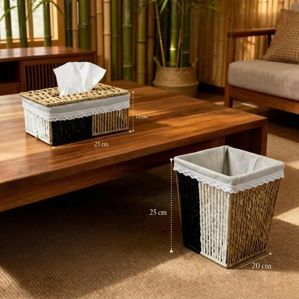 Elegant Handwoven Tissue Box Cover & Storage Basket Set – Natural Wicker with Fabric Lining-1
