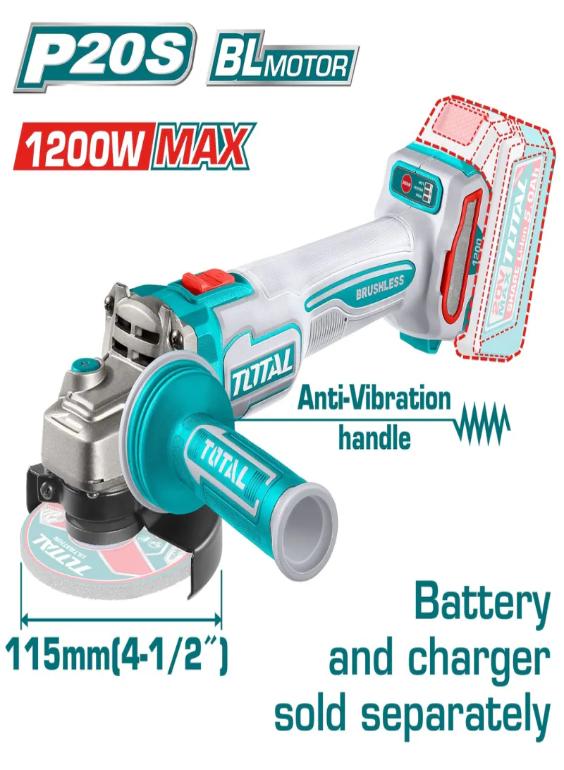 Total 20V Brushless Cordless Angle Grinder 1200W (Tool Only) – Anti-Vibration Handle