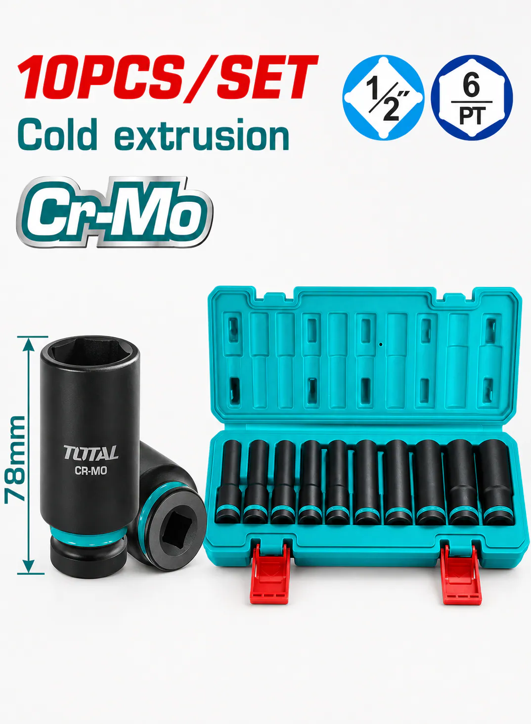 TOTAL 10-Piece 1/2" Deep Impact Socket Set 10–24mm | CR-MO Steel