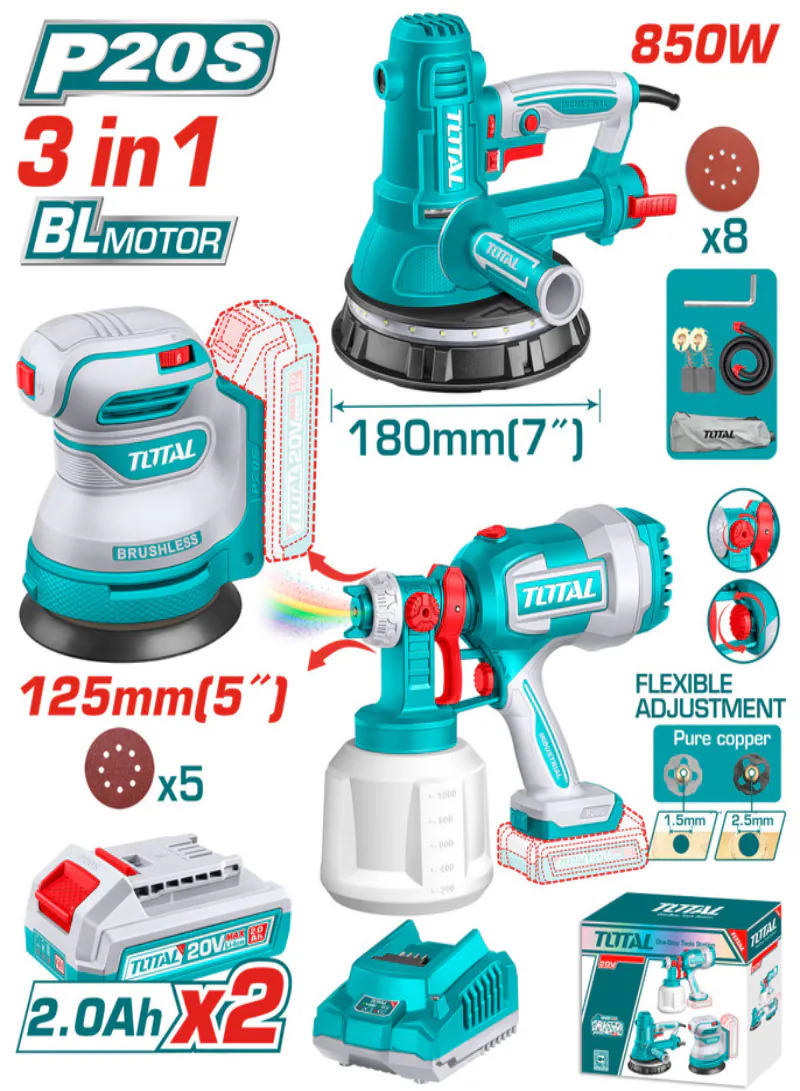TOTAL 3-Piece Finishing Combo Kit – Drywall Sander, 20V Cordless Random Orbit Sander & 20V Cordless Spray Gun