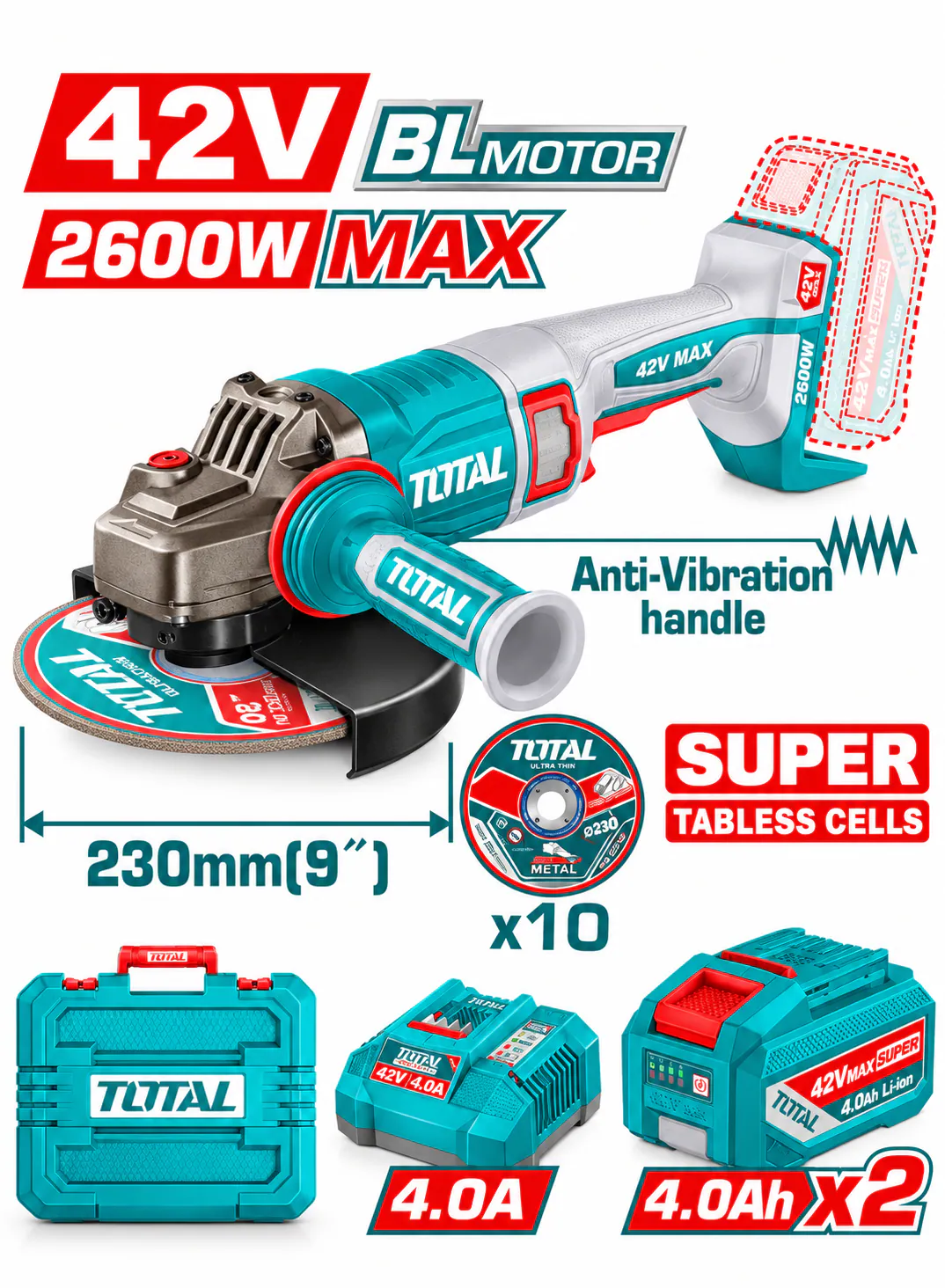 TOTAL 42V Brushless Cordless Angle Grinder – 2600W MAX, 9" with 2 Batteries