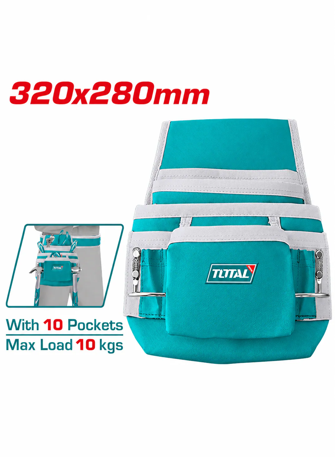 TOTAL Tool Belt Waist Pouch – 10 Pockets – 320 × 280mm – 10kg Maximum Load Capacity – Heavy-Duty Tool Organizer Apron with Waist Belt