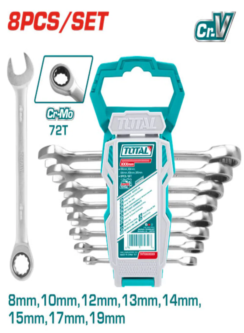 TOTAL 8-Piece Ratchet Combination Spanner Set – 8–19mm