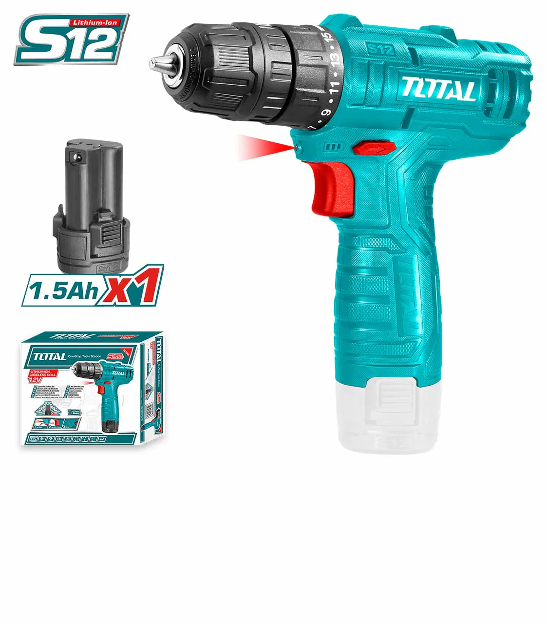 Total 12V Lithium-ion Cordless Drill with 1.5Ah Battery Pack & Charger 3