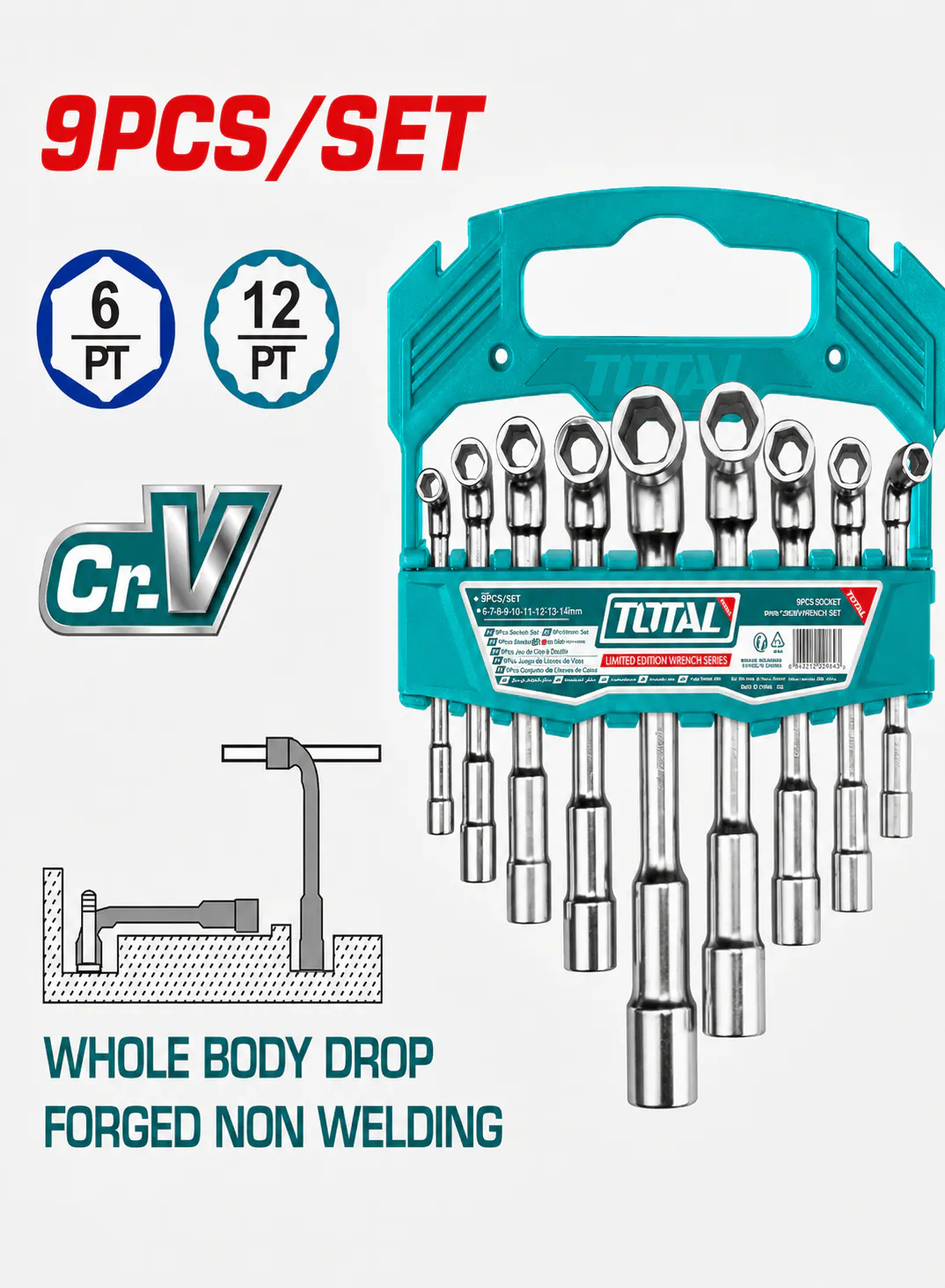 TOTAL 9-Piece L-Angled Socket Wrench Set 7–19mm | Industrial CR-V