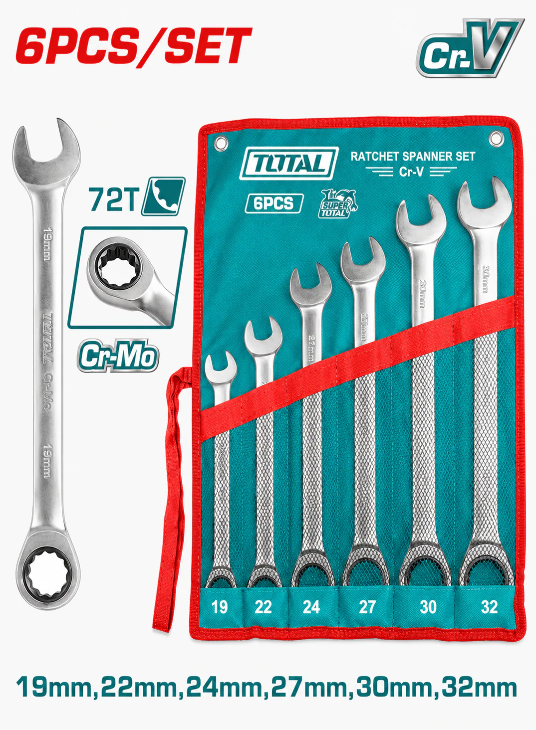 TOTAL 6-Piece Ratchet Combination Spanner Set 19–32mm | CR-V with Canvas Bag