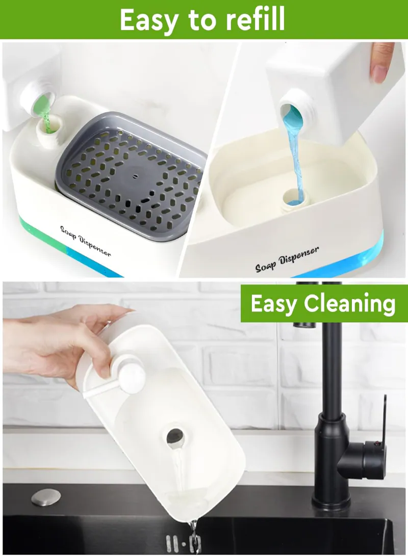 Dual Soap Dispenser Set with Sponge Holder – 3-in-1 Kitchen Sink Hand & Dish Soap Pump Dispenser (White) 2
