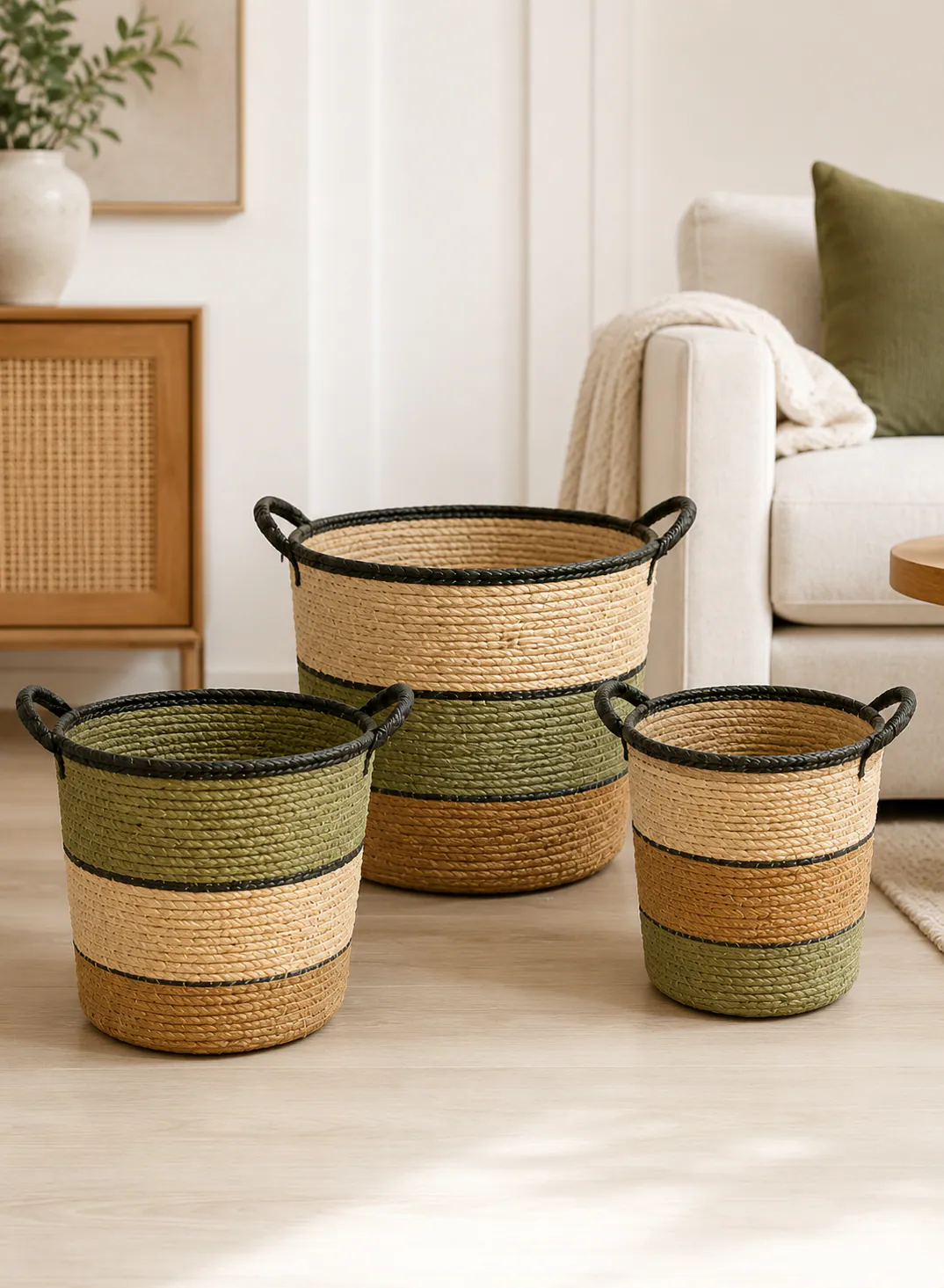 Bamboo Basket Set 3 Pieces – Natural & Green Woven Storage Baskets with Black Handles