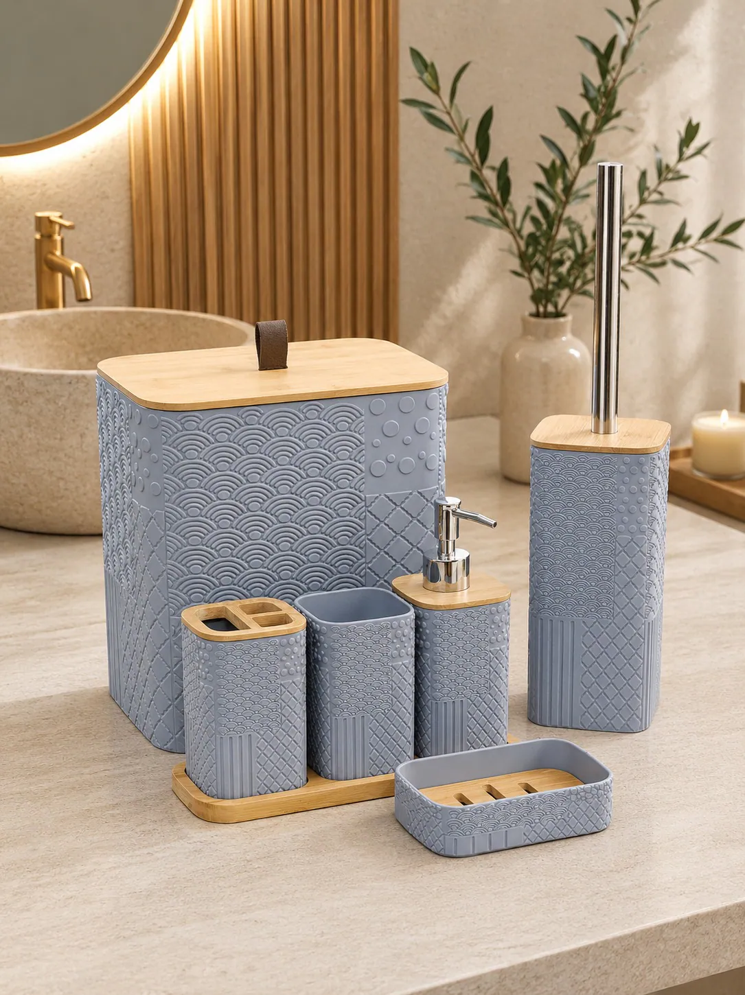 7-Piece Embossed Bathroom Accessories Set with Bamboo Details – Grey