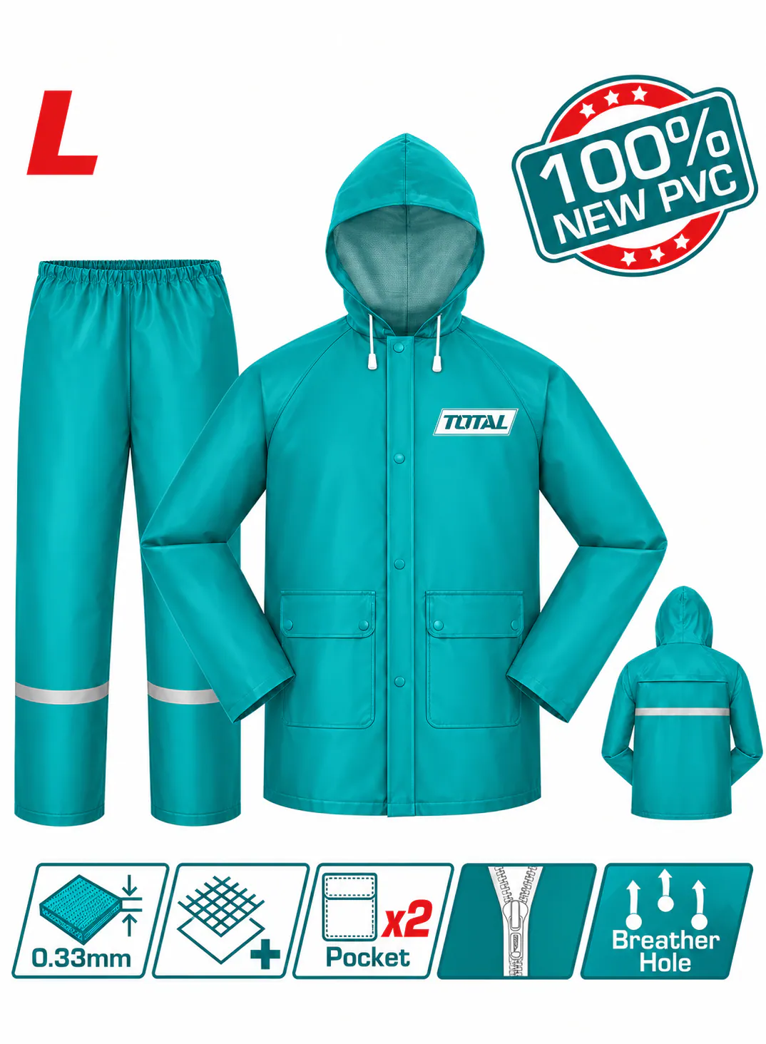 TOTAL L Waterproof Rain Suit – 100% PVC – 0.33mm Thickness – 2-Piece Rain Jacket & Pants Set – Hooded Raincoat with Reflective Strips – Heavy-Duty Protective Rainwear