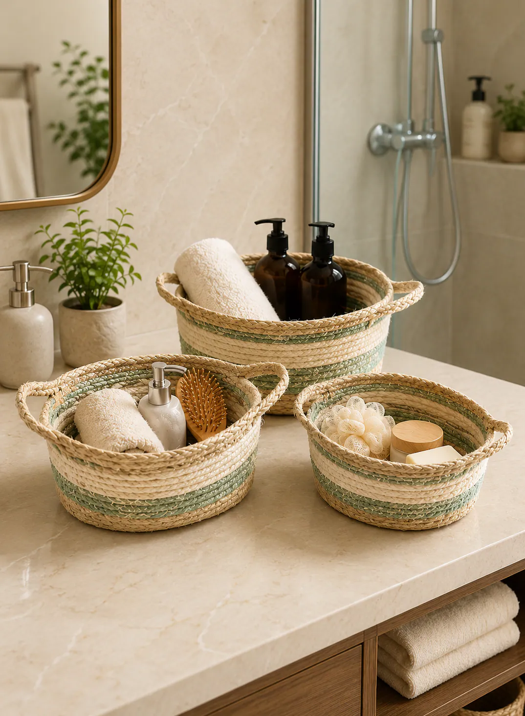 Bamboo Basket Set 3 Pieces – Natural & Green Woven Bathroom Storage Baskets with Handles