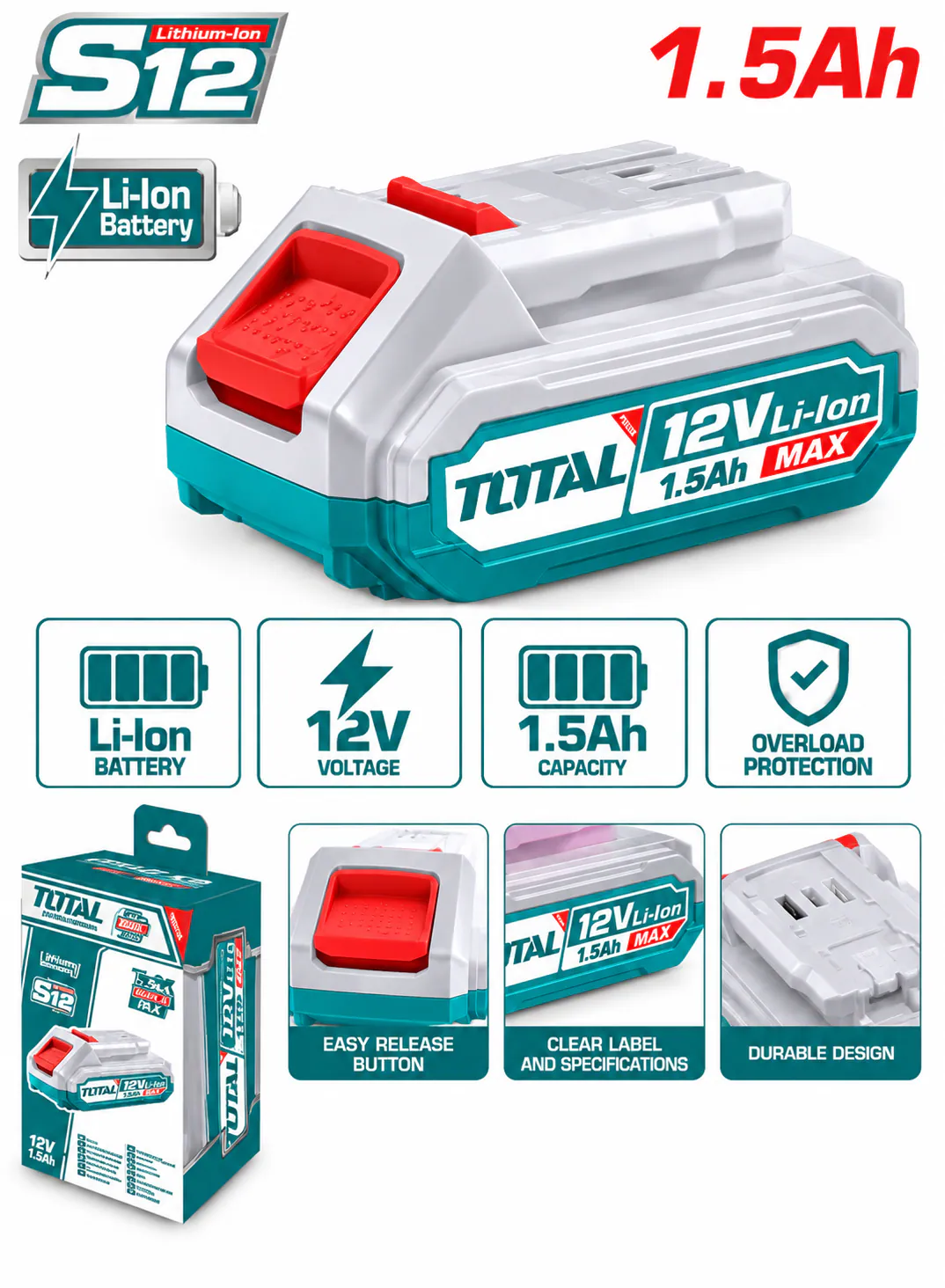 TOTAL 12V Lithium-Ion Battery – 1.5Ah with Charge Indicator