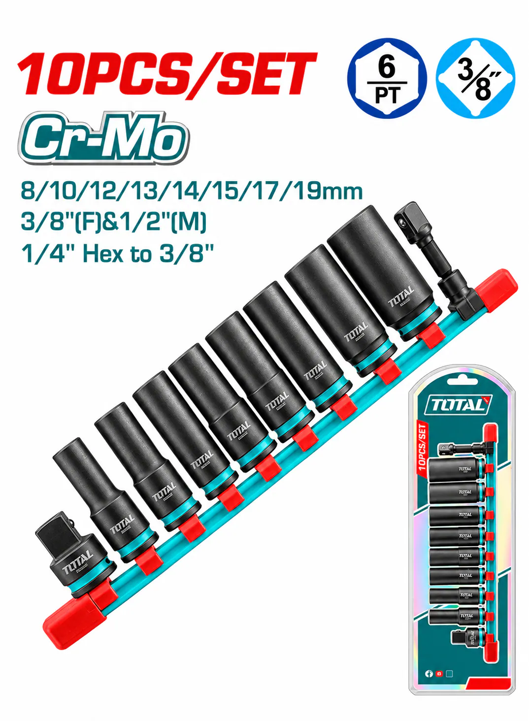 TOTAL 10PCS 3/8" Drive Deep Impact Socket Set – Cr-Mo Steel – 6-Point Sockets – 8–19mm – Impact Adapters – Heavy-Duty Industrial Socket Set