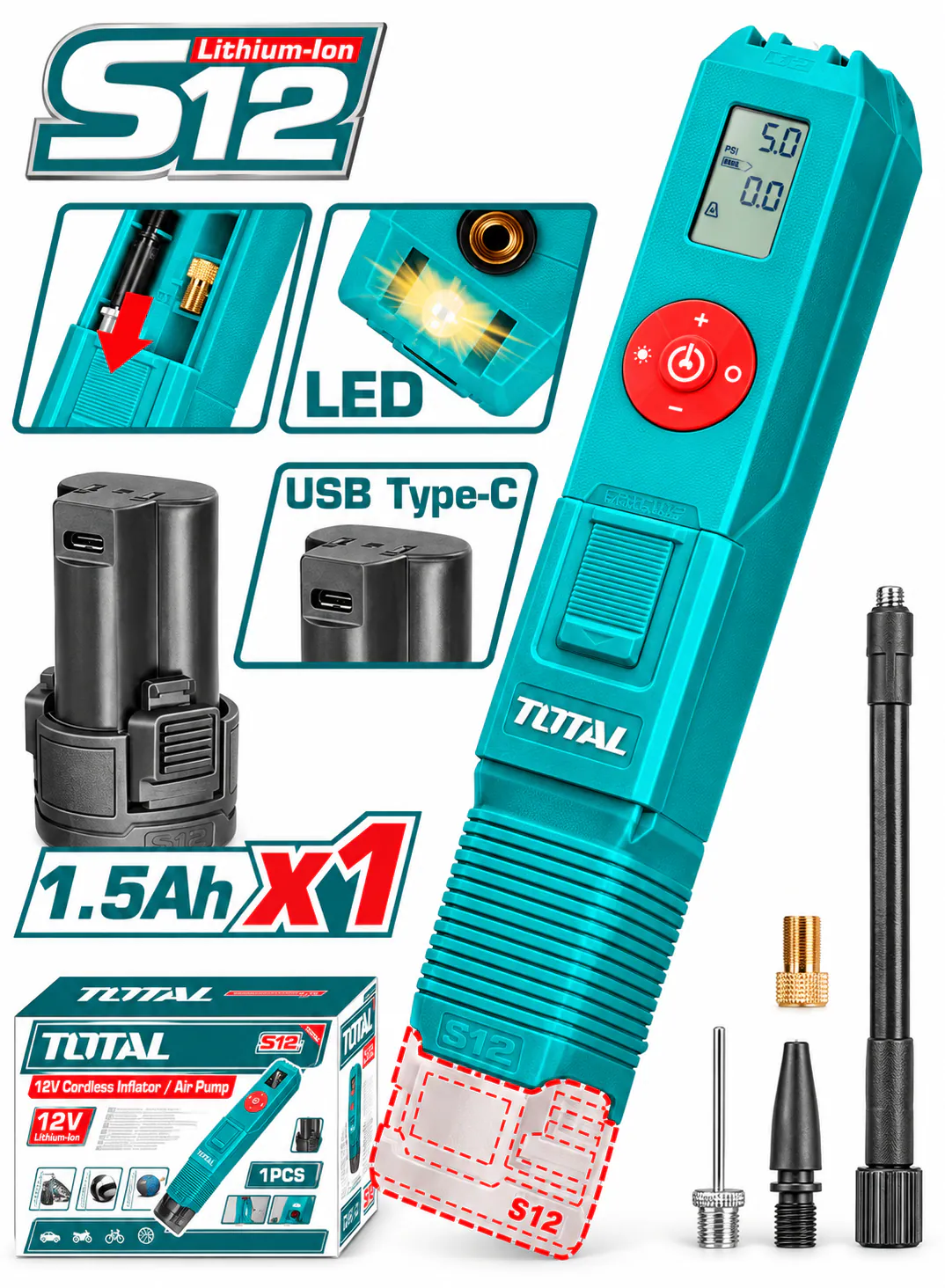 TOTAL 12V Cordlss Digital Tire Inflator – 160 PSI with Battery