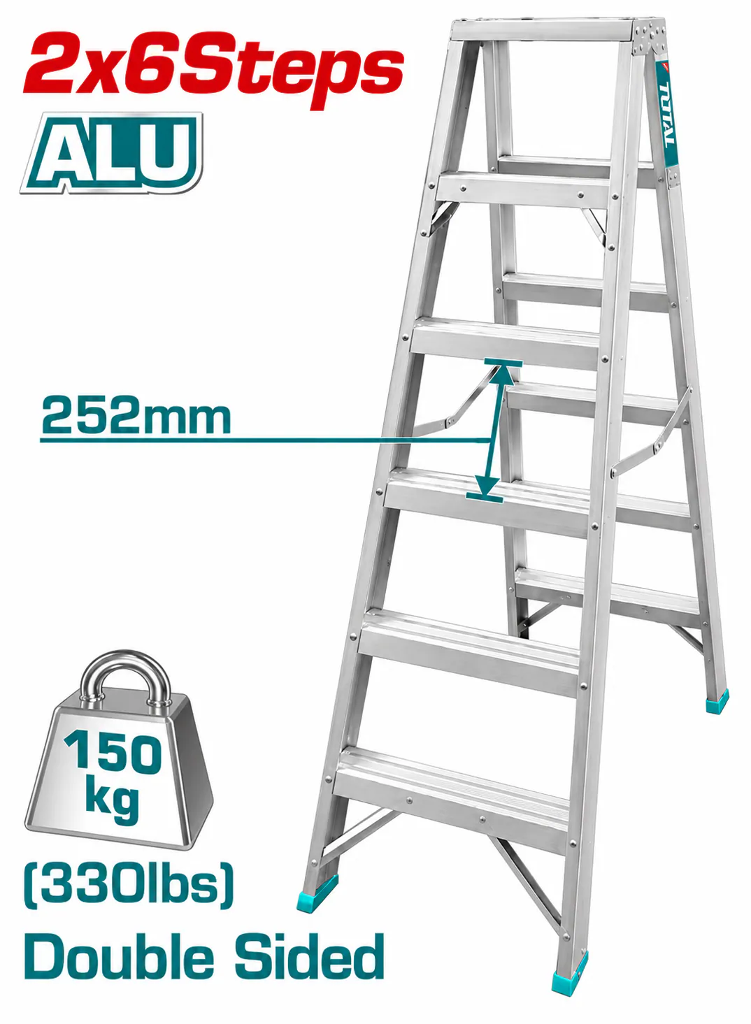 TOTAL 2×6-Step Double-Sided Aluminum Ladder – 12 Steps – 150kg (330lbs) Load Capacity – 252mm Step Spacing – Heavy-Duty Foldable A-Frame Ladder