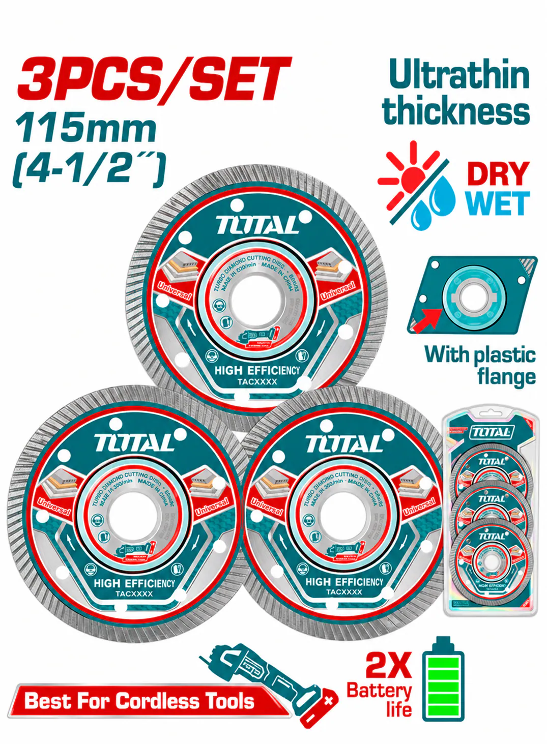 TOTAL 3-Piece Ultrathin Diamond Cutting Disc Set – 115mm (4.5")