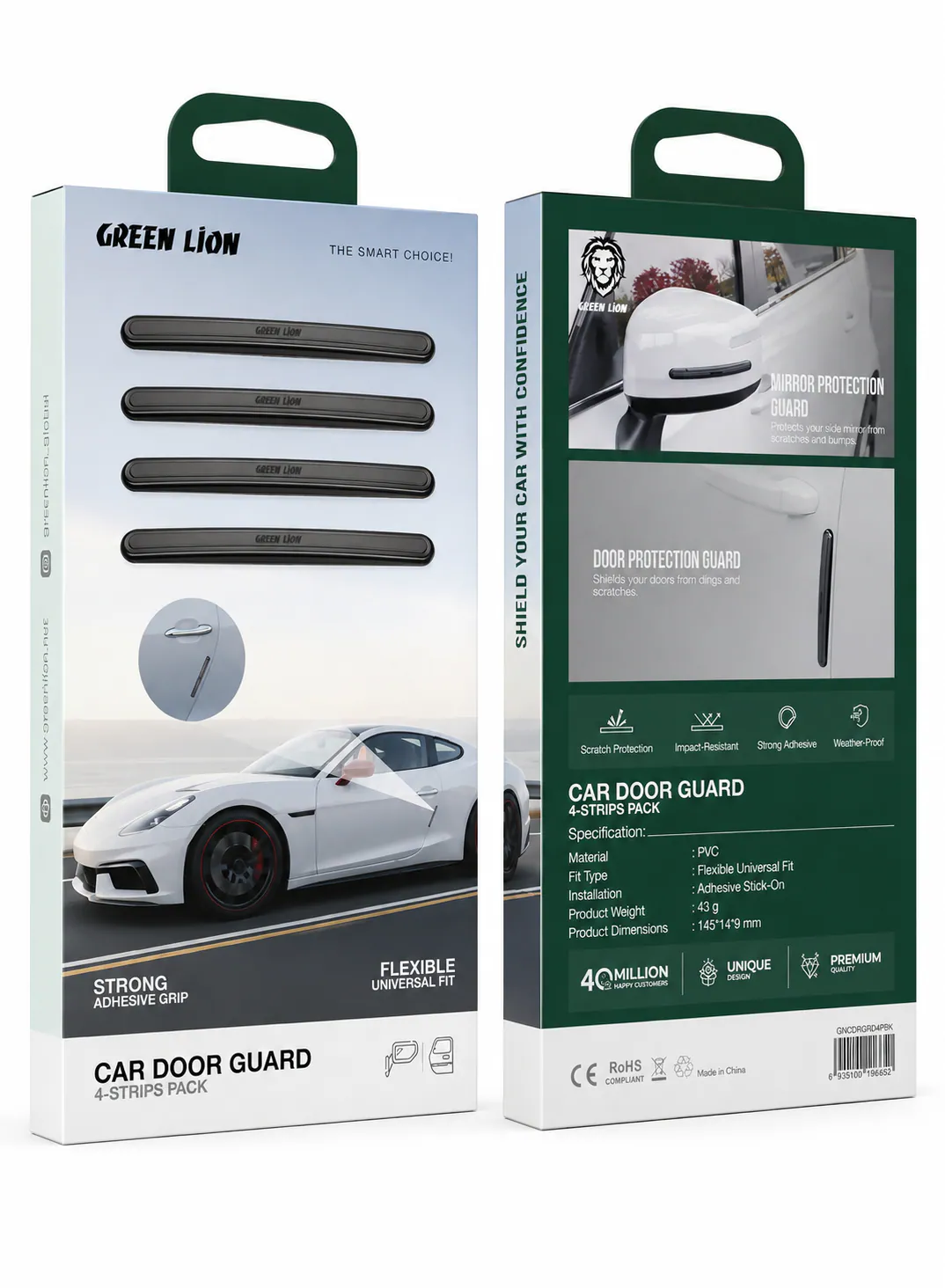 Green Lion Car Door Guard 4-Strip Pack with Scratch & Impact Protection – Black 4